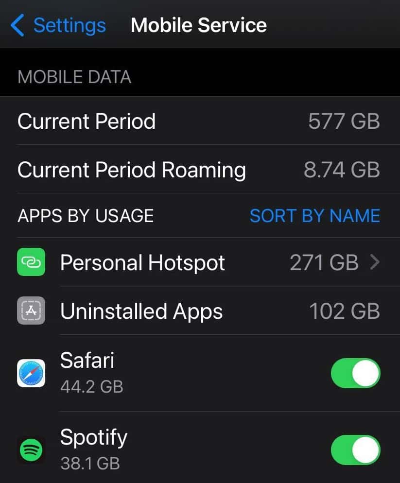 Screenshot of iOS mobile data usage stats