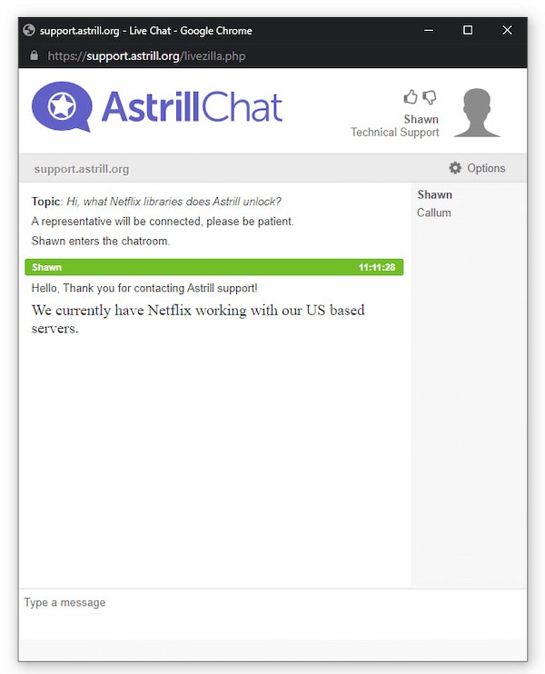 De live chat support van Astrill