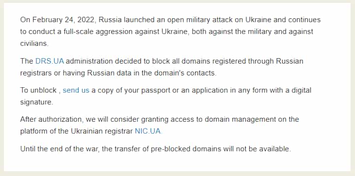 Blocked Russian-registered website on .ua top-level domains that have been hijacked, purportedly by Ukraine state actors