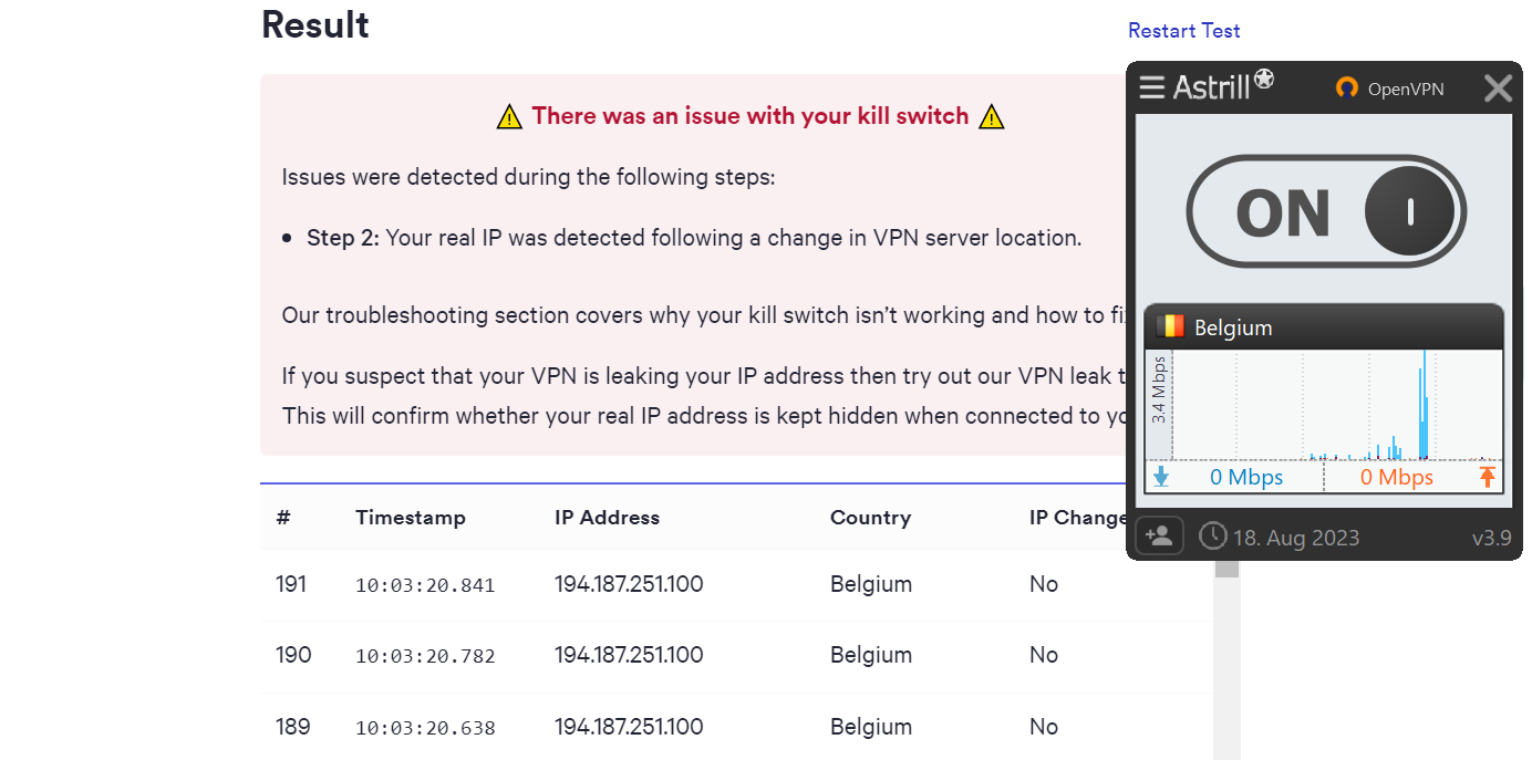 De standaard kill switch van Astrill activeert niet tijdens het wisselen van VPN-server