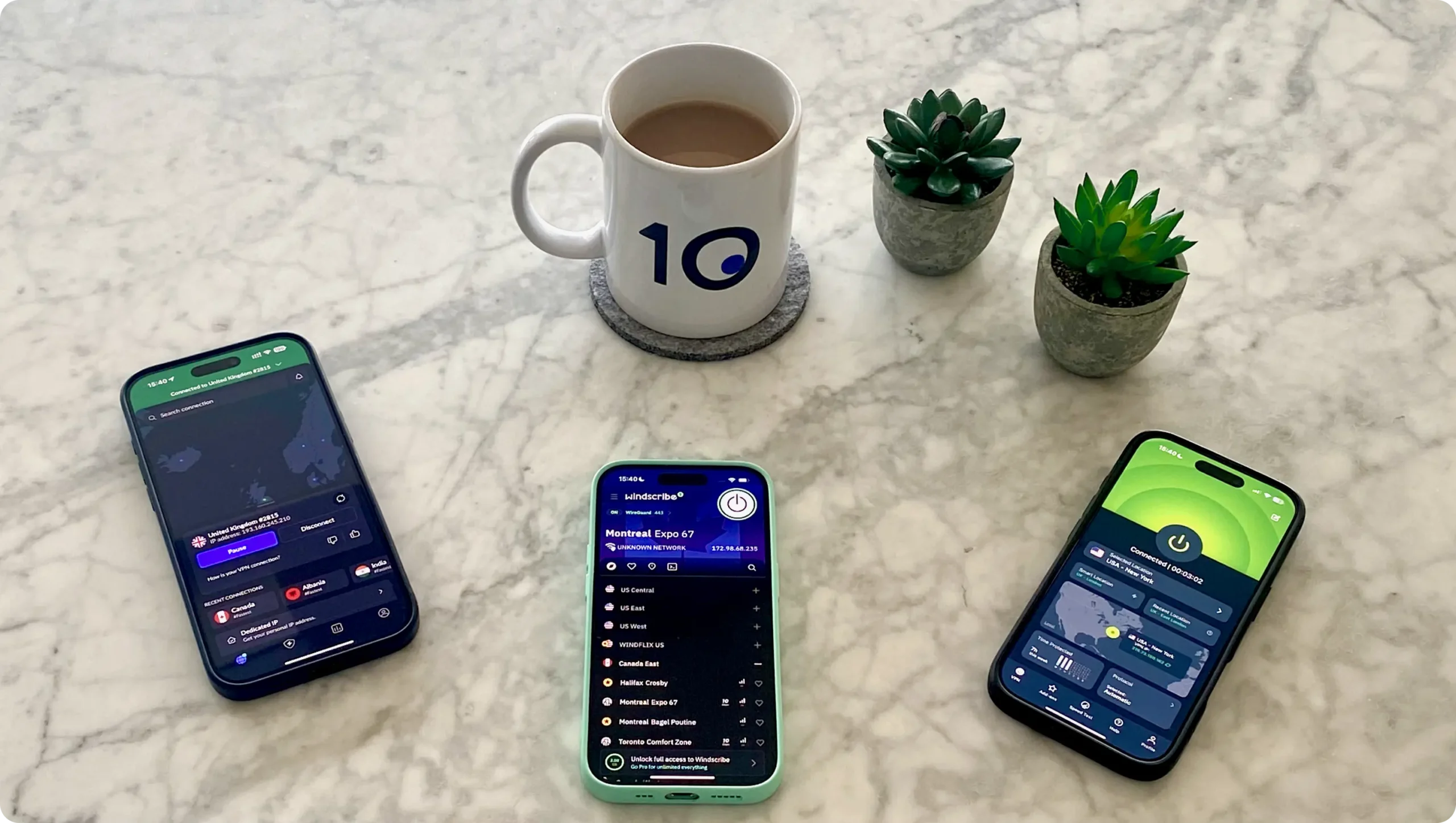 The best VPNs for iPhone header image showing ExpressVPN, NordVPN and Windscribe on various iPhone handsets