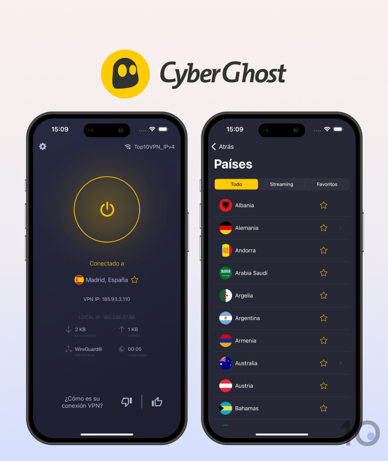 Aplicación Cyberghost VPN en iOS