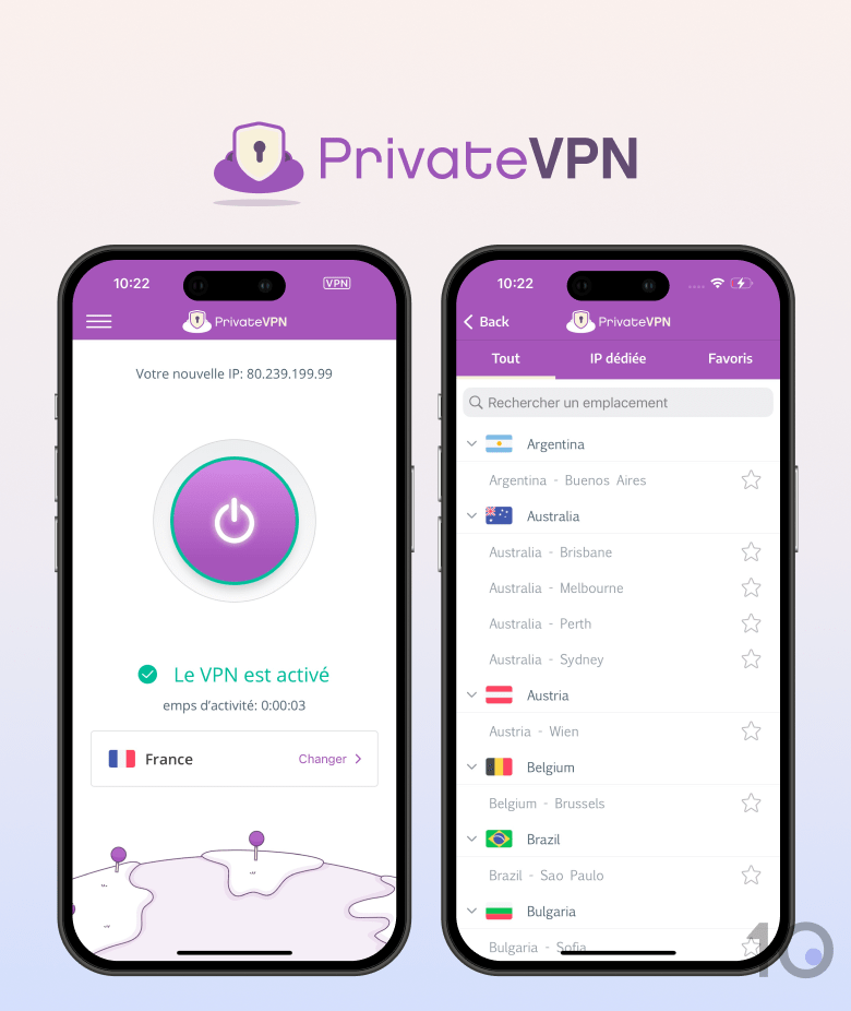 Capture d'écran de l'application PrivateVPN