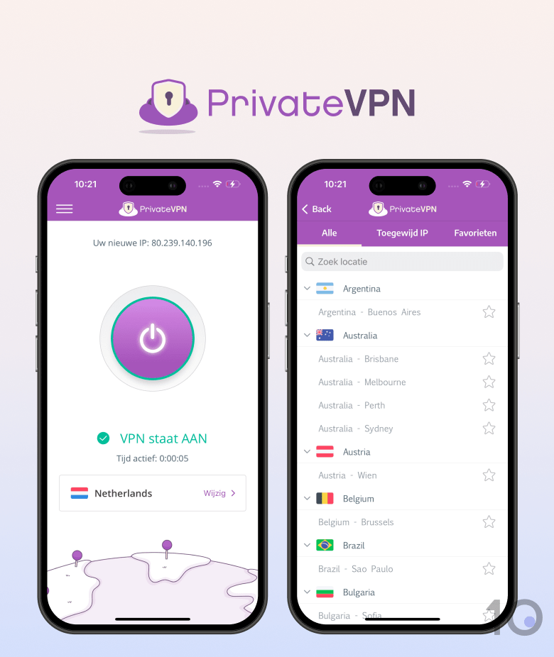 Schermafbeelding van de PrivateVPN-app
